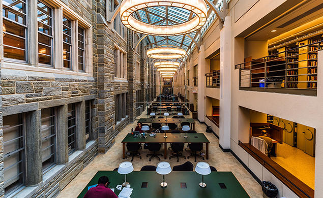 This is a photo of tables and lamps in Firestone Library.