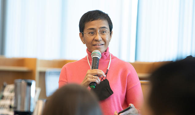 Maria Ressa speaking at Toms River North High in New Jersey in 2022. 