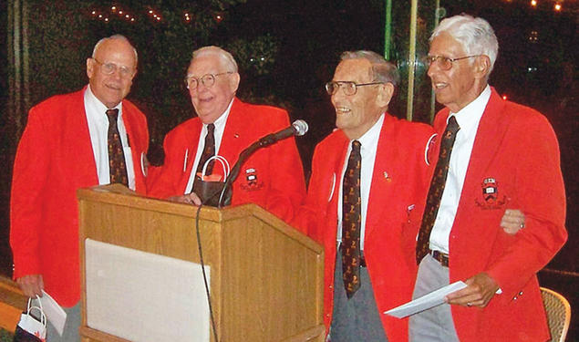 Class of  '47 officers at their 60th reunion class dinner are, from left, Reunions chairman Bob Tritsch, president Jack Hughes, secretary Asa Bushnell, and treasurer Arvind "Koke" Kokatnur. Bushnell has returned to Princeton for three class reunions since