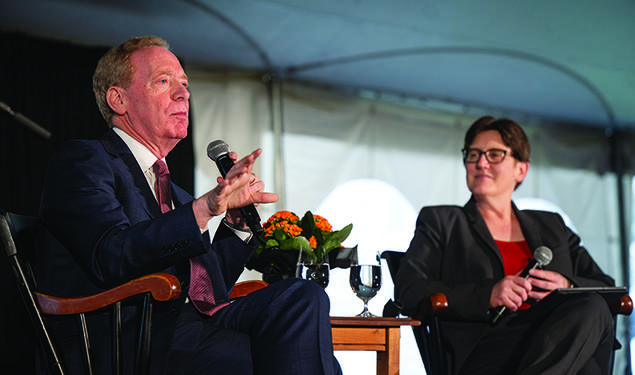 From left, Microsoft Corp. president Brad Smith ’81 and Princeton provost Jennifer Redford ’91.