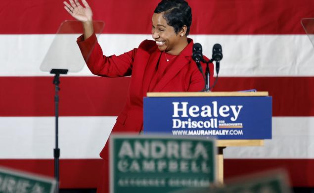 Massachusetts Attorney General-elect Andrea Campbell ’04 waves on stage during a Nov. 8 Democratic election night party. 