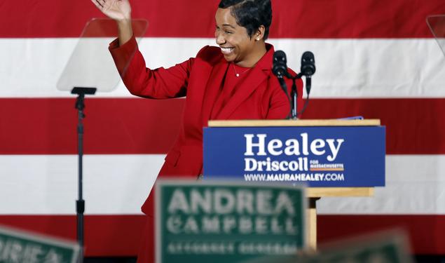 Massachusetts Attorney General-elect Andrea Campbell ’04 waves on stage during a Nov. 8 Democratic election night party. 