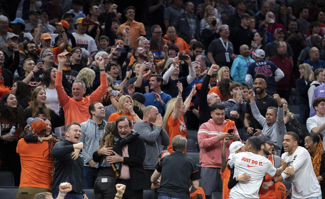 Princeton fans cheer as Princeton upsets Arizona, 59-55, in the NCAA Tournament in Sacramento, Calif., Thursday, March 16, 2023. 