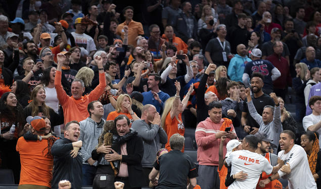 Princeton fans cheer as Princeton upsets Arizona, 59-55, in the NCAA Tournament in Sacramento, Calif., Thursday, March 16, 2023. 