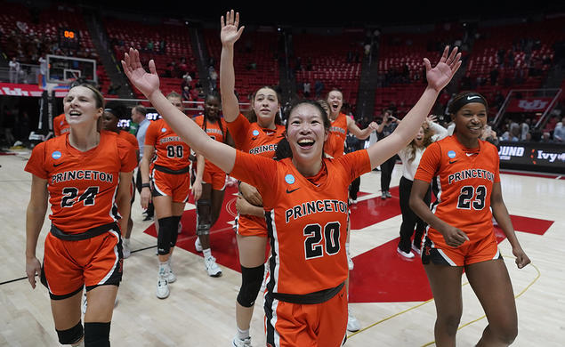 Princeton players celebrate their victory over N.C. State. 