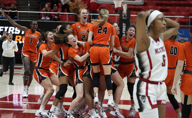 Princeton players celebrate their victory over North Carolina State.