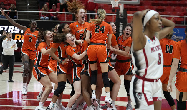 Princeton players celebrate their victory over North Carolina State.