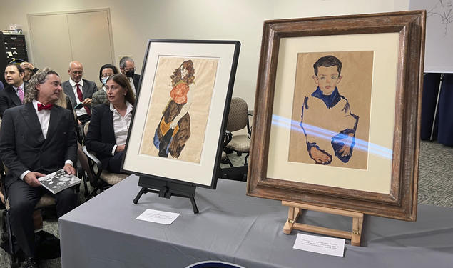 Works of art by Austrian artist Egon Schiele on display at the Manhattan District Attorney's Office