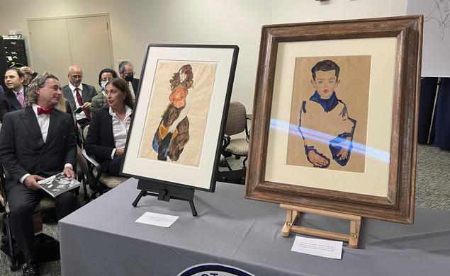 Works of art by Austrian artist Egon Schiele on display at the Manhattan District Attorney's Office