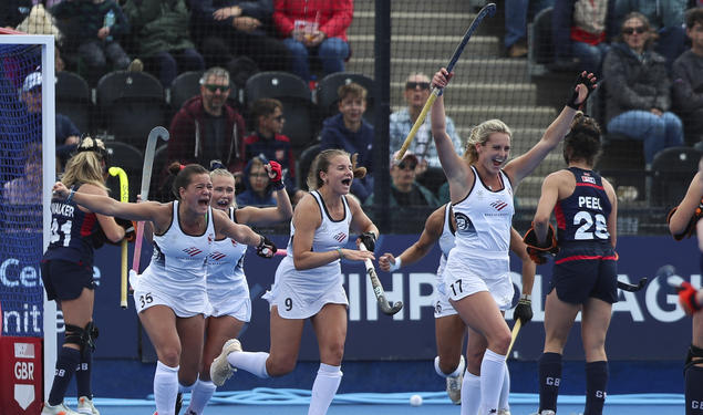 Beth Yeager ’26 (No. 17 in white) celebrates scoring a goal during the United States’ Women's FIH Hockey Pro League match against Great Britain on June 1.   