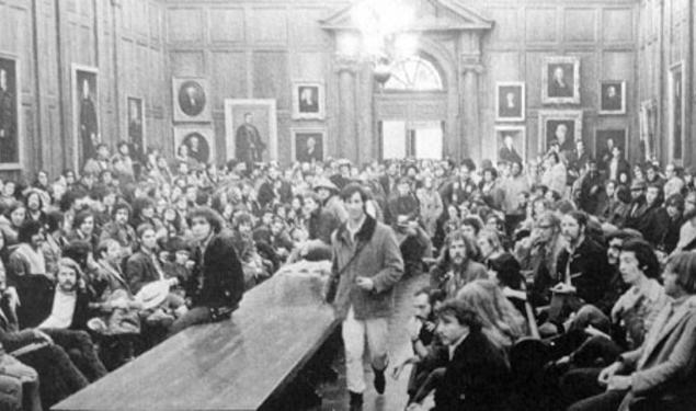 Student activists and supporters are shown at a meeting in the Faculty Room of Nassau Hall — one of several events following the Walter Hickel incident. Barry Wechsler ’73 took this photo, which ran in the April 28, 1970, PAW.