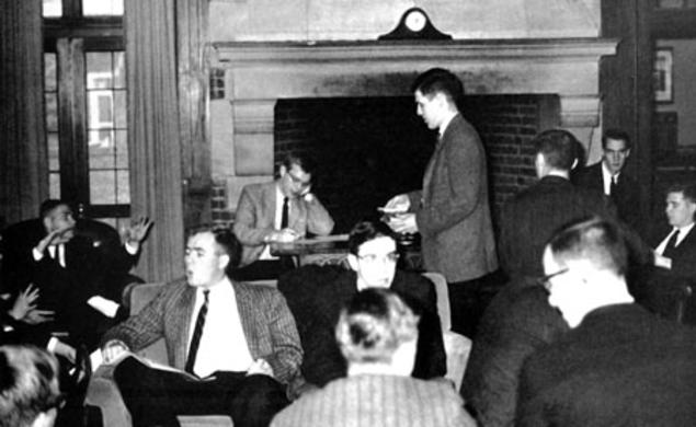 The caption for this 1962 Bric-A-Brac photo reads: Have you ever seen so many guys in ties and coats in your life?