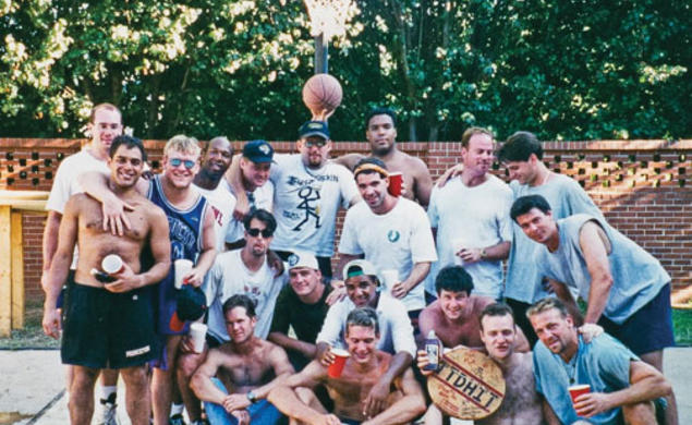 In 1997, when this photo was taken, a group of alumni founded a nonprofit that organizes sports programs for ­middle-schoolers. In the front row sitting, from left: Joel Sharp ’91, John Richard, Justin Long ’91, Thomas Bevan ’91; second row sitting