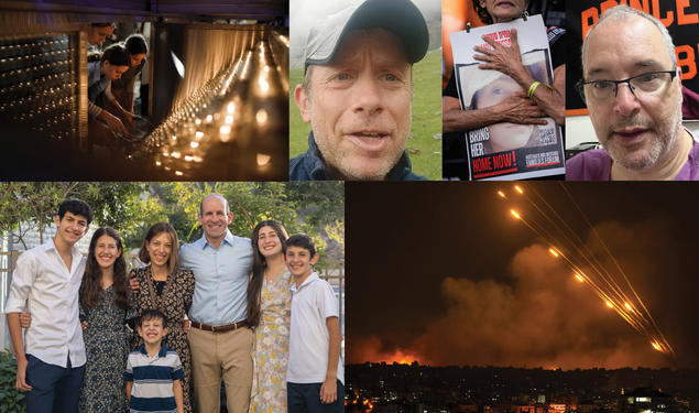 A collage of photos of Princetonians in Israel and AP photos from the conflict showing people lighting candles and rockets flying.
