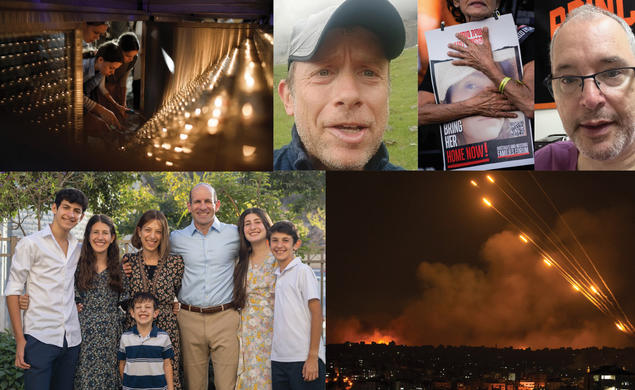 A collage of photos of Princetonians in Israel and AP photos from the conflict showing people lighting candles and rockets flying.