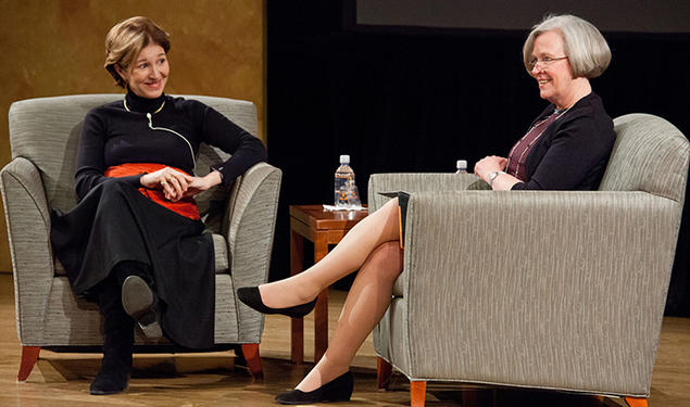 President Shirley M. Tilghman and Anne-Marie Slaughter ’80 sit and talk on a stage.