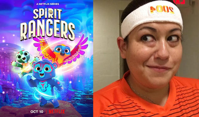 The left side is a poster for Spirit Rangers, showing the characters as brightly colored animals; the right side is Carlee Malemute ’04.