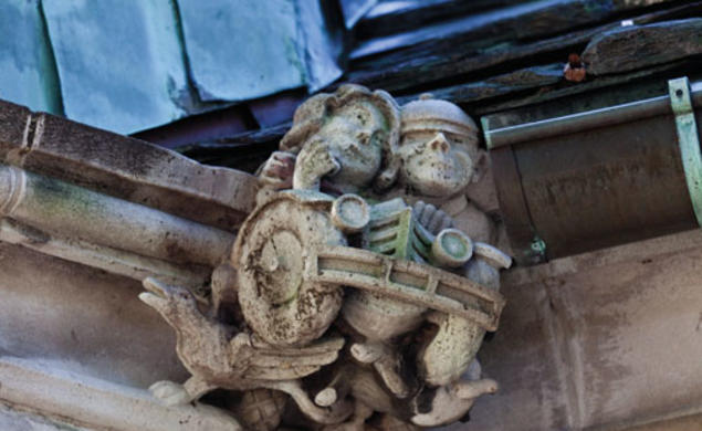 The “Joy Ride” gargoyle on the Graduate College shows a student and his date ­running down farm animals on a country jaunt.