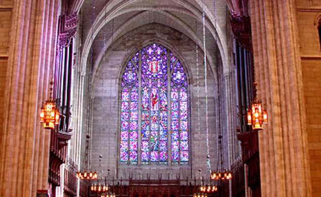 The University Chapel's stained glass balances the rationalism of the academy and the spiritualism of Christianity.