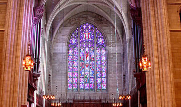 The University Chapel's stained glass balances the rationalism of the academy and the spiritualism of Christianity.