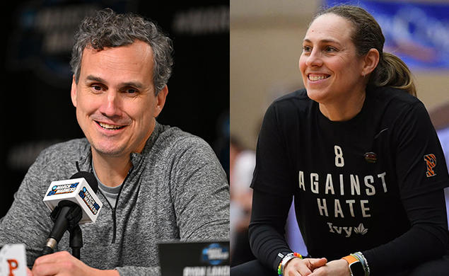 From left, men’s basketball coach Mitch Henderson ’98 and women’s basketball coach Carla Berube