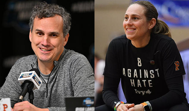 From left, men’s basketball coach Mitch Henderson ’98 and women’s basketball coach Carla Berube