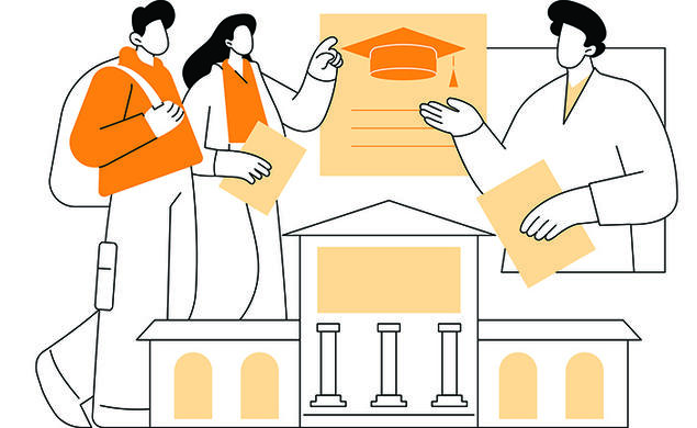 Illustration of a man and a woman wearing orange and talking with a college consultant who's gesturing toward an orange graduation cap/mortarboard. 