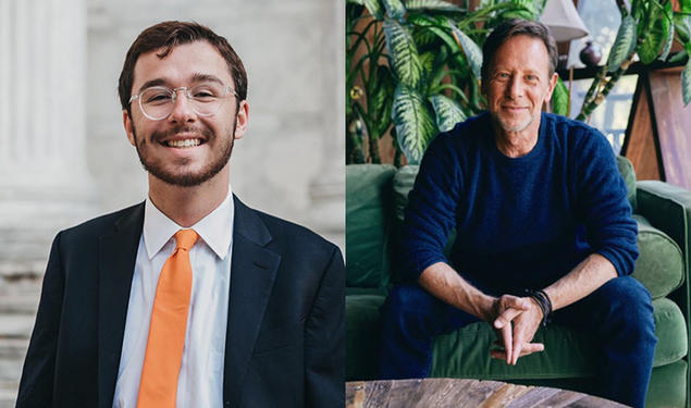 The left side of this photo is a headshot of Andrew White ’23; the right side is a photo of Pete Muller ’85.
