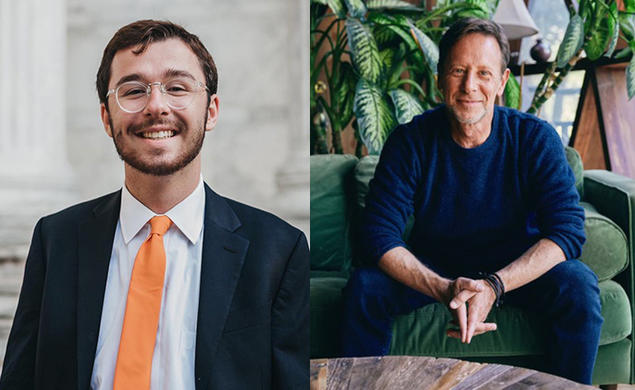 The left side of this photo is a headshot of Andrew White ’23; the right side is a photo of Pete Muller ’85.