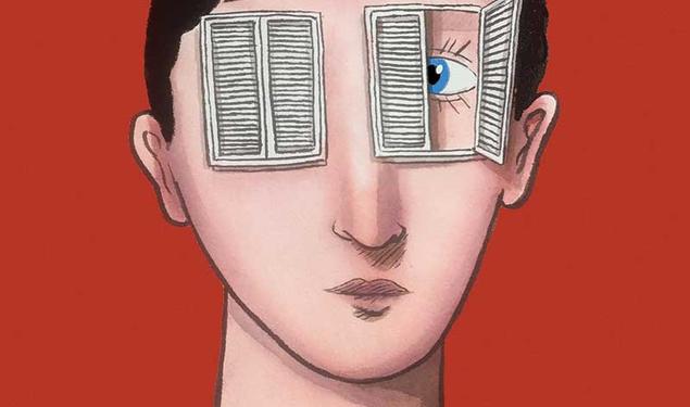 This is an illustration of a young man with shuttered windows over his eyes; one of them is partially open, showing a blue eye underneath.