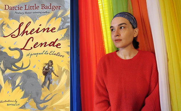 Right, Darcie Little Badger ’11; left, the cover of her new book, Shine Lende, with a drawing of a teenage girl looking at two elephants.