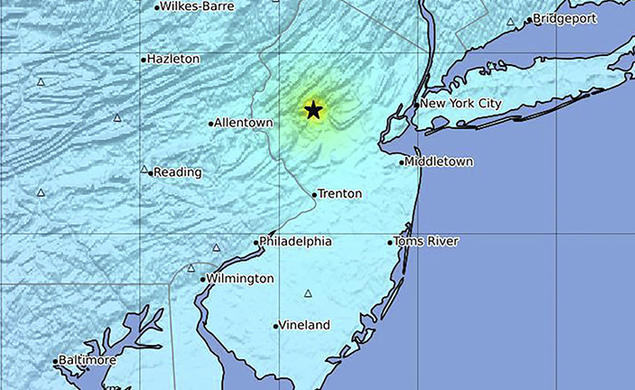 Map of New Jersey and surrounding area with a star over the spot where the earthquake happened near Whitehouse Station.