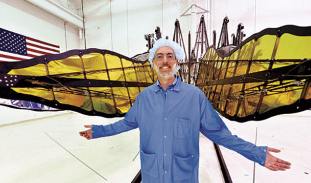 N. Jeremy Kasdin ’85 displays a prototype of starshade petals, built by interns from Princeton and MIT.