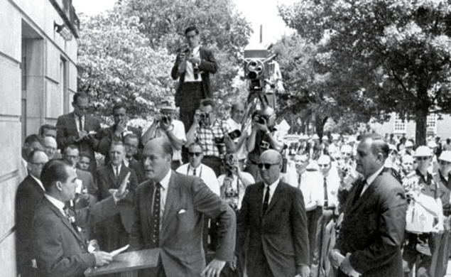 Katzenbach, then deputy attorney general, meets Alabama Gov. George Wallace at the door of the University of Alabama’s Foster Auditorium in this iconic photograph from June 11, 1963. Wallace was trying to prevent two black students from enrolling; he st