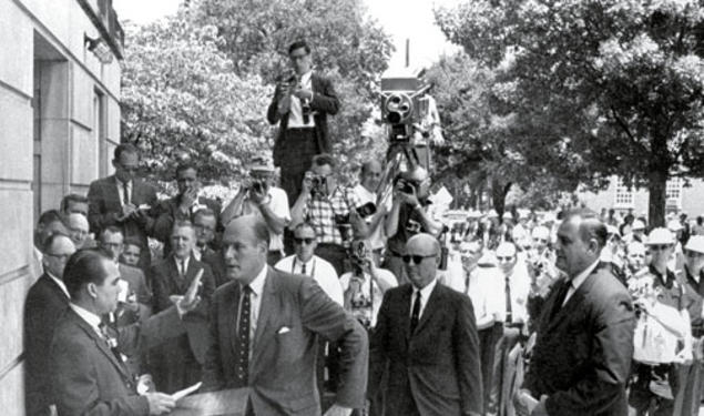 Katzenbach, then deputy attorney general, meets Alabama Gov. George Wallace at the door of the University of Alabama’s Foster Auditorium in this iconic photograph from June 11, 1963. Wallace was trying to prevent two black students from enrolling; he st