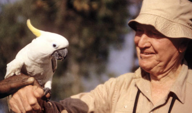 Train meets a white parrot in August 1994, when he was with the World Wildlife Fund.