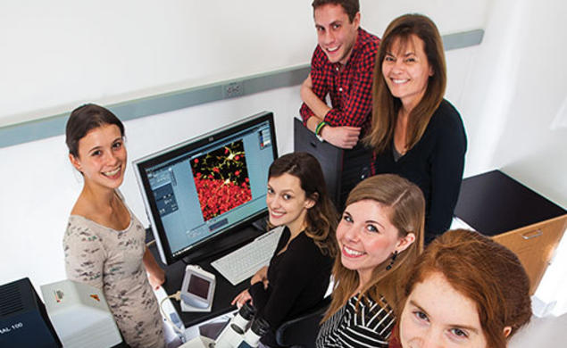 Professor Elizabeth Gould, top right, with members of her lab, from left, Lyra Olson ’16, Maya Opendak GS, Adam Brockett GS, postdoc Elise Cope, and Lily Offit ’15.