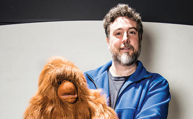 Professor Michael Graziano ’89 *96 sometimes begins lectures by doing ventriloquism with his puppet, Kevin, which can lead listeners to think that Kevin has awareness.