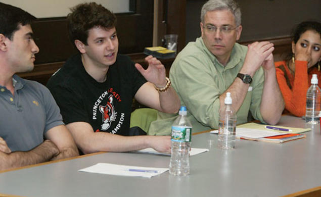 Members of the Freshmen Rush Policy Implementation Committee spoke with students attending an April 2 forum. From left are Arda Bozyigit ’12, Jake Nebel ’13, Professor William A. Gleason, and Shreya Murthy ’13.
