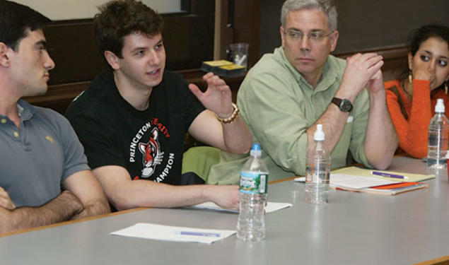 Members of the Freshmen Rush Policy Implementation Committee spoke with students attending an April 2 forum. From left are Arda Bozyigit ’12, Jake Nebel ’13, Professor William A. Gleason, and Shreya Murthy ’13.