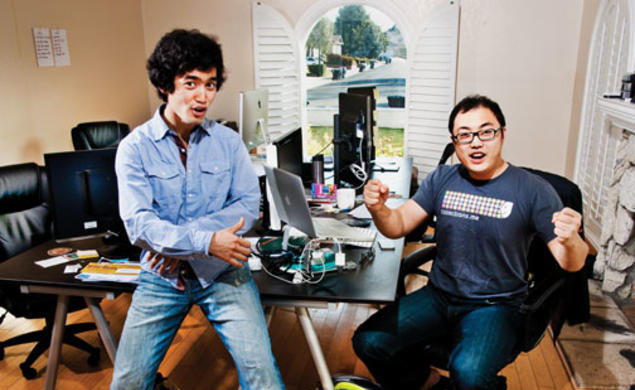 Enthusiasm abounds in Mountain View, Calif., where Arman Suleimenov *12, left; Tony Xiao ’12; and Jordan Lee GS (not pictured) develop their computer application, Collections.