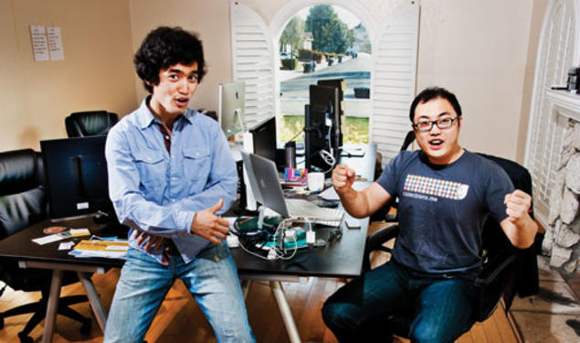 Enthusiasm abounds in Mountain View, Calif., where Arman Suleimenov *12, left; Tony Xiao ’12; and Jordan Lee GS (not pictured) develop their computer application, Collections.