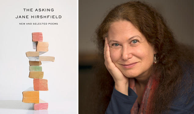 Right, a photo of Jane Hirshfield ’73; left, the cover of her new book, "The Asking: New and Selected Poems," featuring a photo of stacked books, each one with the edges of its pages painted a different color.