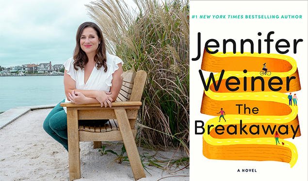 Left, photo of Jennifer Weiner sitting on a bench at the beach; right, the cover of "The Breakaway."