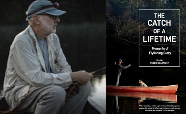 Left, Peter Kaminsky fishing in a rowboat. Right, the cover of his book, The Catch of a Lifetime, featuring a man and a dog in a red rowboat.