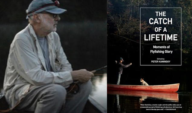 Left, Peter Kaminsky fishing in a rowboat. Right, the cover of his book, The Catch of a Lifetime, featuring a man and a dog in a red rowboat.