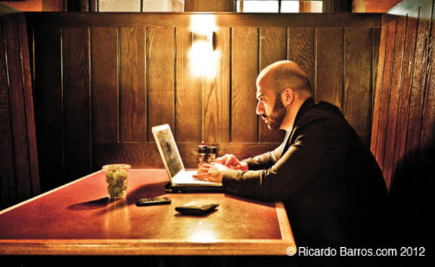 Princeton Ph.D. student Karam Nachar on his laptop in Frist Campus Center in April.