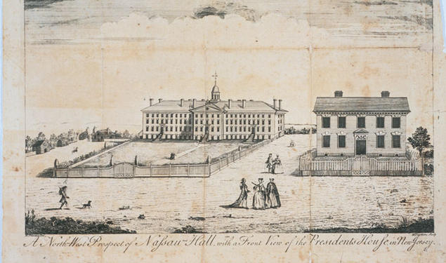 The original Nassau Hall, depicted in a 1764 print.