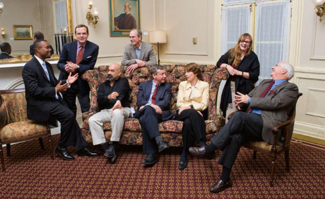 The panelists: from left, Eddie S. Glaude Jr. *97, Todd Purdum ’82, David Spergel ’82, William Russel (standing), Sean Wilentz, Elizabeth Bogan, Emily Thompson *92, and Michael Wood.