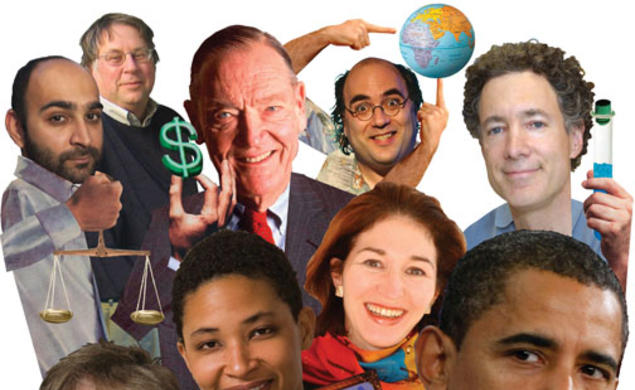  Princetonians, clockwise from top left: Mohsin Hamid ’93, Raymond Arsenault ’69, John Bogle ’51, Josh Kornbluth ’80, Bruce A. Yankner ’76, Anne-Marie Slaughter ’80, Danielle S. Allen ’93, and Ruth Gais *74